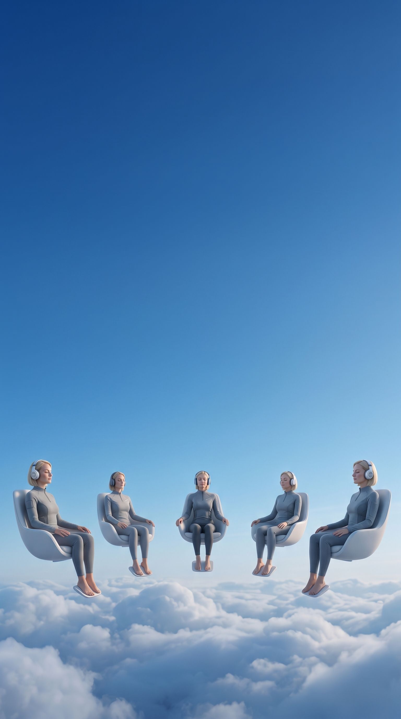 Imaginors visualizers seated in white chairs above a bank of clouds, eyes closed, wearing headphones.
